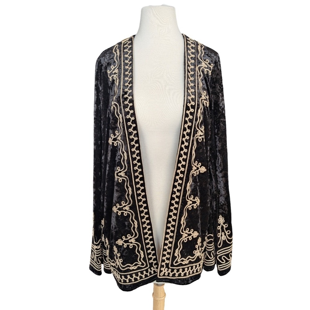 Black Crushed Velvet Embroidered Open Jacket Boho Festival Cardigan Medium